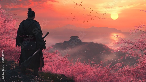 A samurai wielding a katana, standing on a hilltop covered with sakura trees in full bloom, sunset in the background
