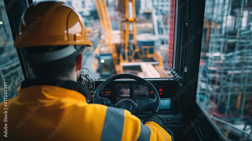 Fototapeta premium A construction worker operating a heavy machine, focused on the task amid a bustling construction site.
