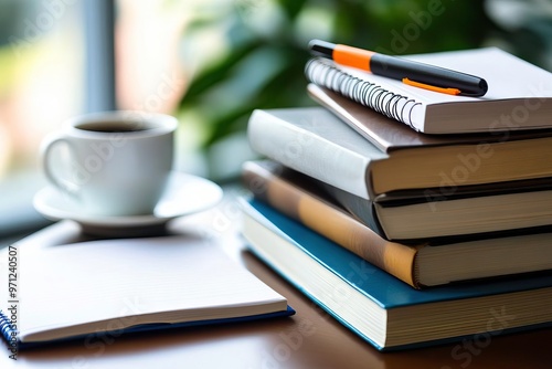 A cozy workspace featuring a stack of books, a notebook, a pen, and a cup of coffee, perfect for studying or reading.