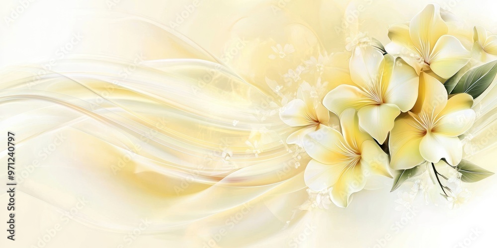 Obraz premium A soft, elegant design featuring yellow and white flowers with flowing pastel backgrounds.