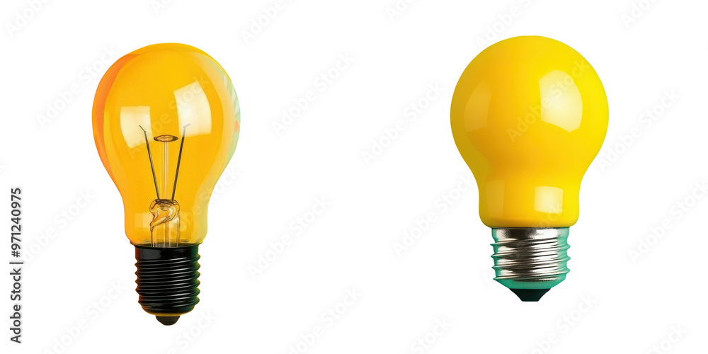Bright idea concept, A pair of yellow light bulbs showcasing different designs, ideal for concepts of brightness and innovation in lighting. Isolated set on PNGs transparent background Bright idea concept, A pair of yellow light bulbs showcasing different designs, ideal for concepts of brightness and innovation in lighting. Isolated set on PNGs transparent background