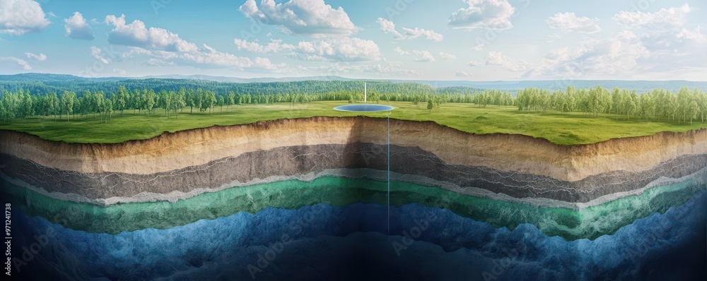 Cross-section illustration of carbon capture and storage processes, layers of earth, underground CO2 storage, corporate environmental strategy