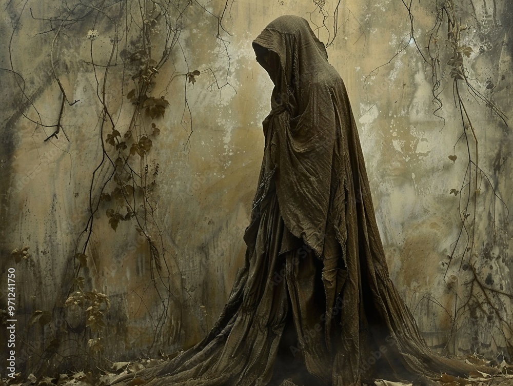 Mysterious Hooded Figure in a Gloomy Setting Mysterious Hooded Figure in a Gloomy Setting