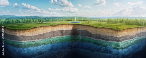 Obraz na płótnie Cross-section illustration of carbon capture and storage processes, layers of earth, underground CO2 storage, corporate environmental strategy w salonie