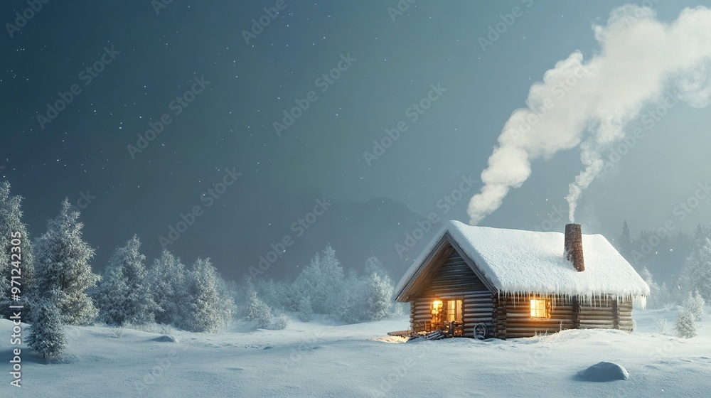 Snow-covered cabin with smoke coming from chimney Snow-covered cabin with smoke coming from chimney