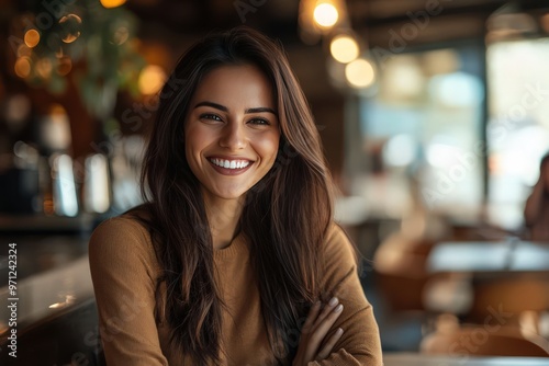 Businesswoman in a cafe, portrayed as a successful entrepreneur managing work with a smile and direct eye contact.