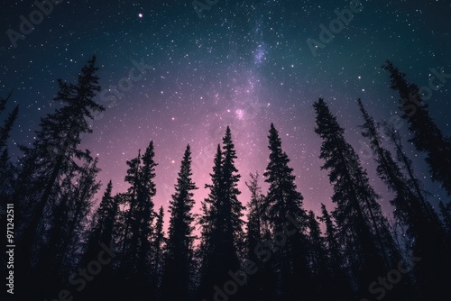Boreal Forest Under Starry Skies with Pink and Purple Auroras photo