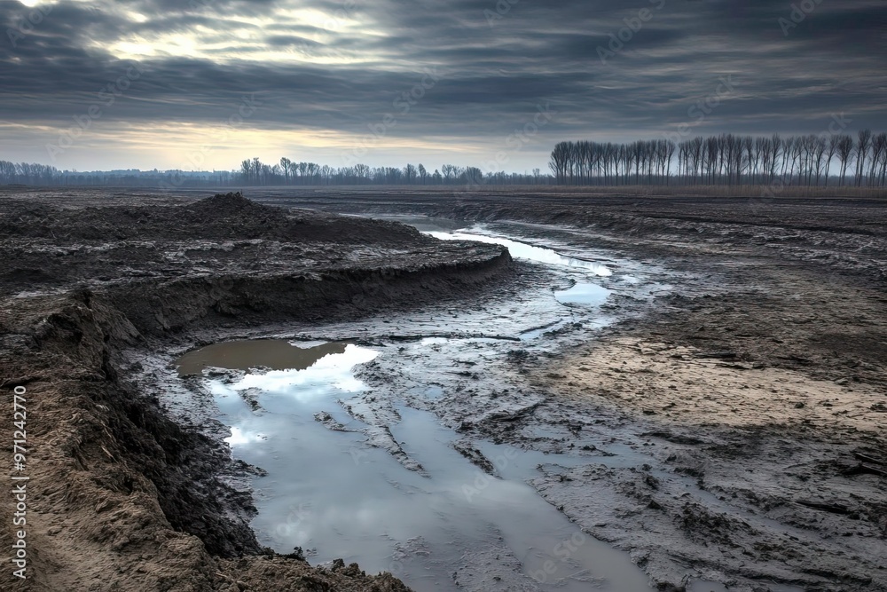 Fototapeta premium A moody landscape featuring a winding river under a cloudy sky, reflecting the dark tones of the environment.
