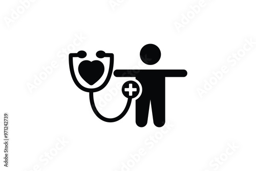 This vector shows a patient figure connected to a stethoscope with a heart icon, symbolizing medical examination, healthcare, or heart health monitoring. Suitable for medical themes. photo