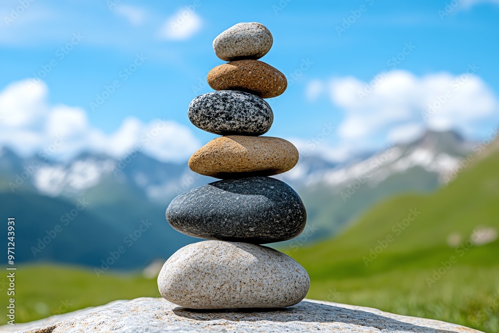 A pile of balanced rocks, stacked carefully by a traveler as a marker of their journey through a remote trail A pile of balanced rocks, stacked carefully by a traveler as a marker of their journey through a remote trail