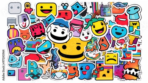 A vibrant collage of playful stickers featuring various cheerful faces, colorful objects, and whimsical designs.