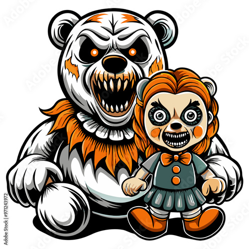 Creepy Bear and Doll: A chilling illustration of a menacing plush bear and a sinister doll, their eyes glowing with an eerie light, evoking a sense of unease and potential danger. Perfect for Hallowee