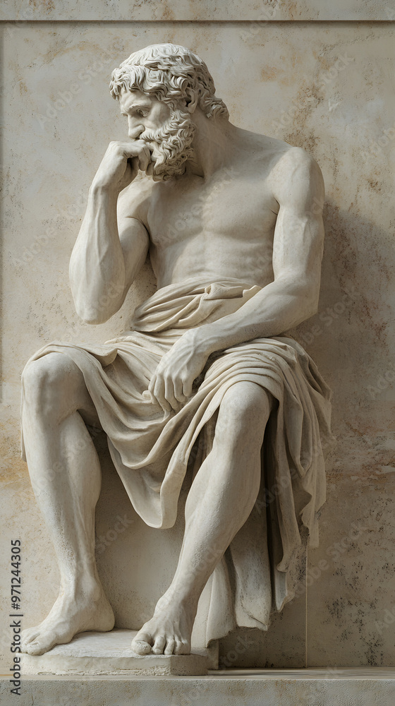 Obraz premium Greek sculpture of a historical philosopher, greek art cultur, concept for stoicism, head bust of a stoic man