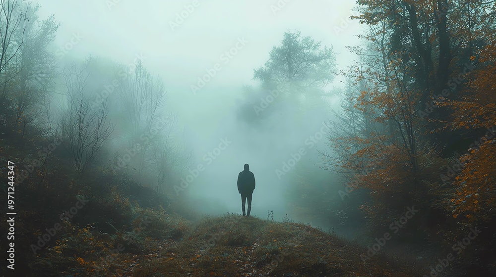 A lonely figure standing in a misty, empty forest, loneliness, sense of abandonment in nature A lonely figure standing in a misty, empty forest, loneliness, sense of abandonment in nature