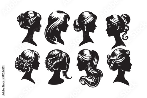 Female Profiles, Different Hairstyles, Cameo Silhouette, Woman Head Icon 17.eps