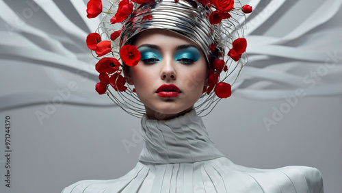 Contemporary fashion portrait featuring a model in unique headpiece