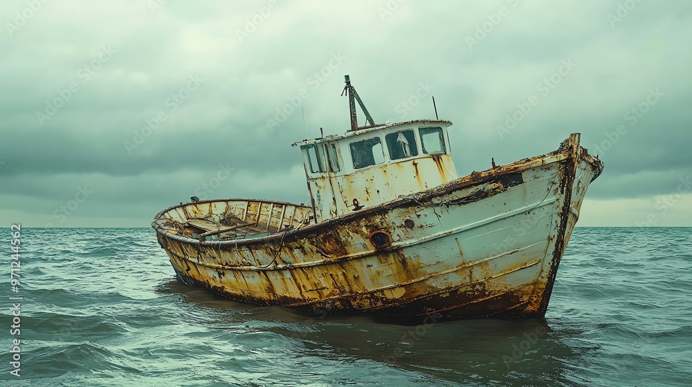 An abandoned fishing boat, slowly sinking into the sea, neglect, forgotten dreams An abandoned fishing boat, slowly sinking into the sea, neglect, forgotten dreams
