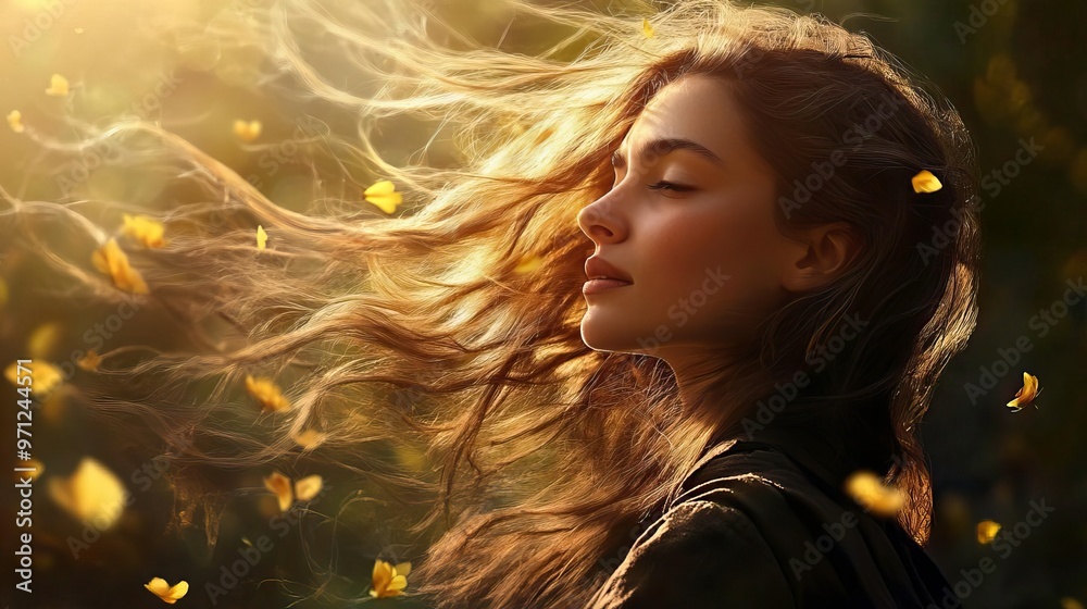 A serene woman with flowing hair, surrounded by soft golden light and butterflies, capturing a moment of peace and beauty in nature. A serene woman with flowing hair, surrounded by soft golden light and butterflies, capturing a moment of peace and beauty in nature.