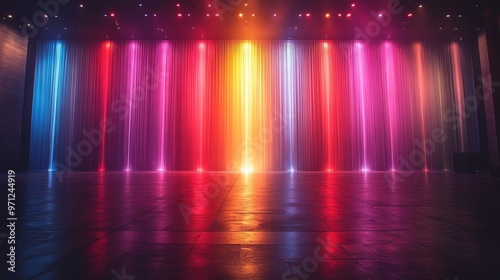 Rainbow-colored lights in vertical stripes, pulsating with intensity, vibrant and modern stage setup, realistic