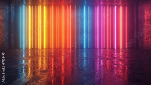 Rainbow-colored lights in vertical stripes, pulsating with intensity, vibrant and modern stage setup, realistic