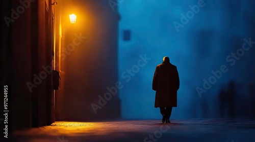 A solitary figure walks down a dimly lit street, enveloped in mist and shadows, creating an atmosphere of mystery and contemplation.