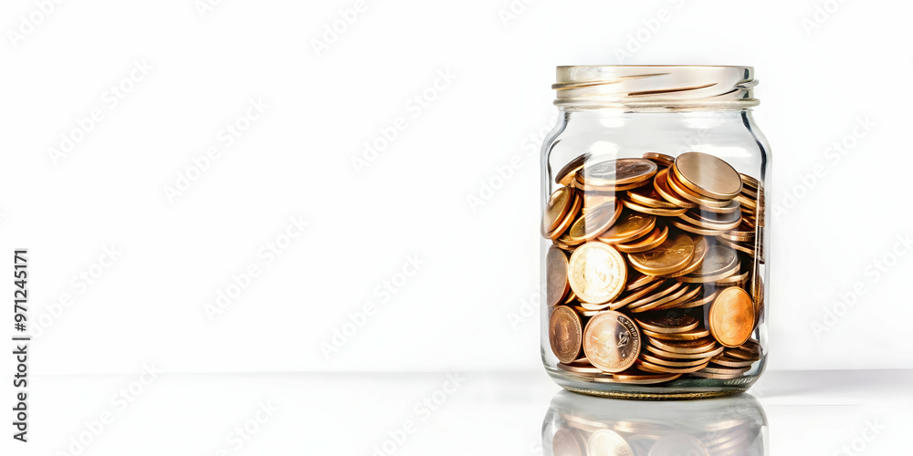 3D Isolated Coin Jar with Savings Label - Vector Illustration of a Transparent Jar Filled with Coins, Modern Abstract Design on White Background 3D Isolated Coin Jar with Savings Label - Vector Illustration of a Transparent Jar Filled with Coins, Modern Abstract Design on White Background