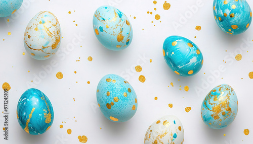 Easter eggs on a white background, in turquoise and blue colors with gold glittering.