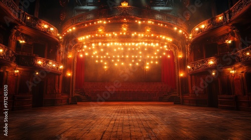 Stage lights forming an arch, soft warm tones, elegant and welcoming atmosphere, classic theater vibe, realistic