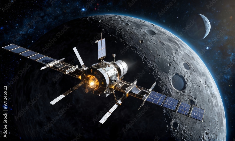 Advanced Space Station Orbiting the Moon In Galaxy Advanced Space Station Orbiting the Moon In Galaxy