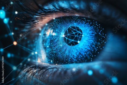 An abstract digital background featuring a human eye integrated with technology and data connections in blue and black colors