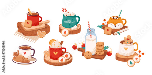 Hot cocoa topped with marshmallows and gingerbread. Christmas hot chocolate and whipped topping. Seasonal winter treats set