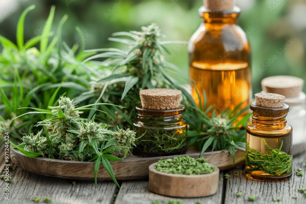 Natural hemp products arranged on a wooden surface with greenery showcasing the versatility of cannabis in wellness Natural hemp products arranged on a wooden surface with greenery showcasing the versatility of cannabis in wellness