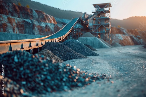 Conveyor belt transporting stone at an open pit mine during sunset with piles of aggregate materials nearby