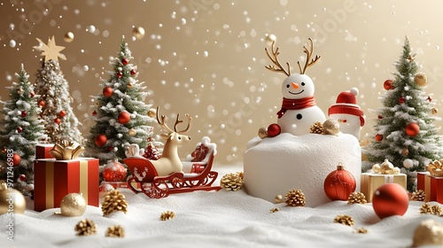 Festive Cartoon 3D banner with snow-covered podium, decorated with a reindeer sleigh, Christmas tree, gifts, snowman, and a transparent bauble against beige.