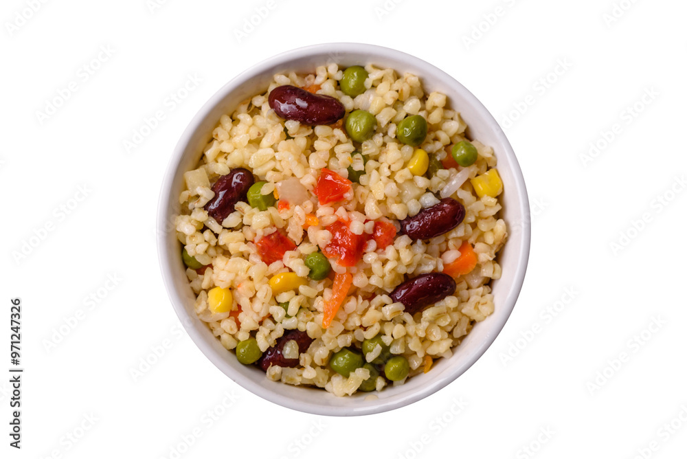 Boiled wheat bulgur porridge with vegetables peppers, peas, corn Boiled wheat bulgur porridge with vegetables peppers, peas, corn