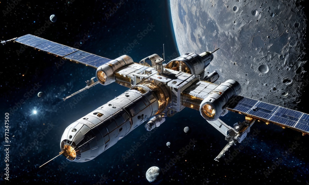 Obraz premium Advanced Space Station Orbiting the Moon In Galaxy