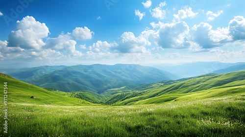 Lush green mountain meadow with blue sky and fluffy white clouds.