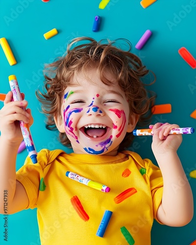 Impish Toddler Joyfully Coloring Themselves in Vibrant Pop Art Style