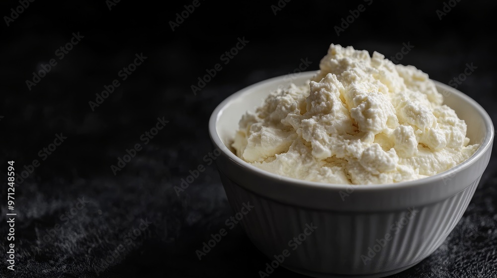 Ricotta in white bowl on black background, angled view. Ricotta in white bowl on black background, angled view.