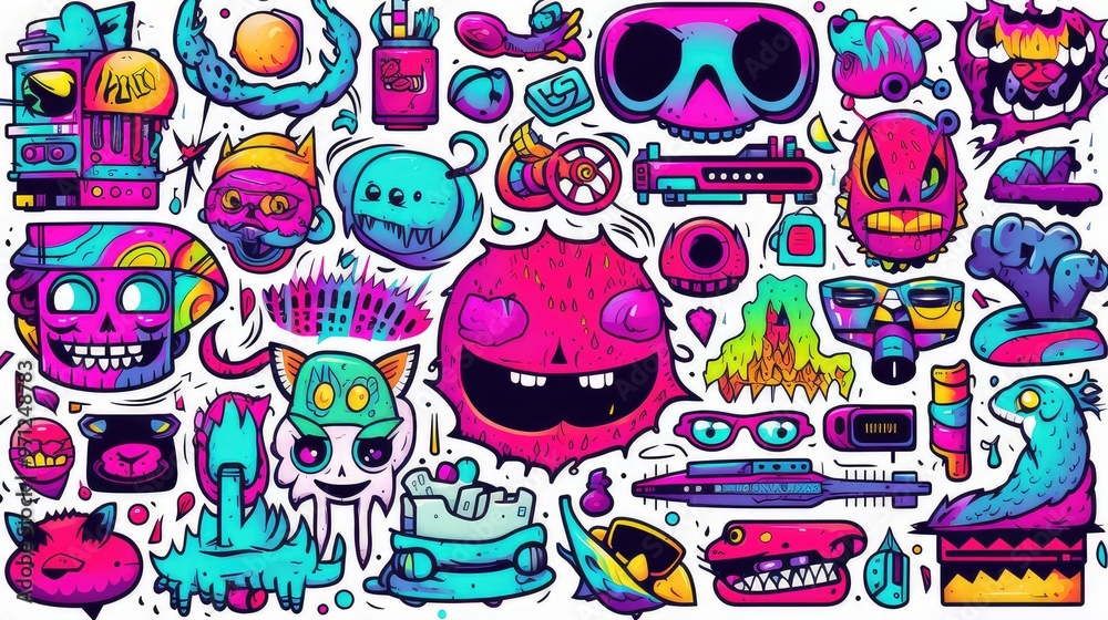 A vibrant collection of quirky, cartoonish doodles featuring monsters, skulls, and various playful objects in bright colors. A vibrant collection of quirky, cartoonish doodles featuring monsters, skulls, and various playful objects in bright colors.