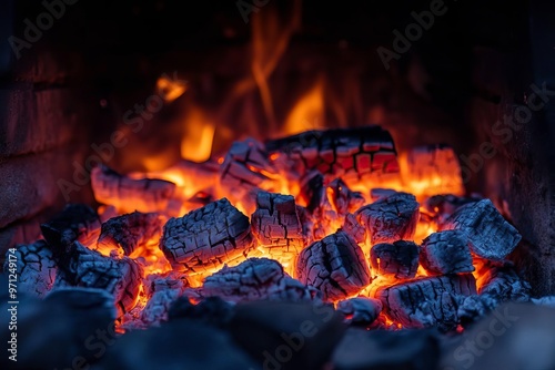 Close-up of glowing embers in a fireplace, creating a warm and cozy atmosphere with a beautiful play of light and shadows.