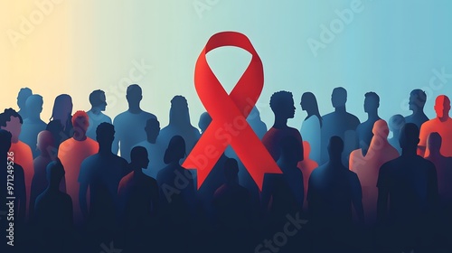 Red ribbon on a World AIDS Day banner with a diverse crowd, flat vector style, space available for text.