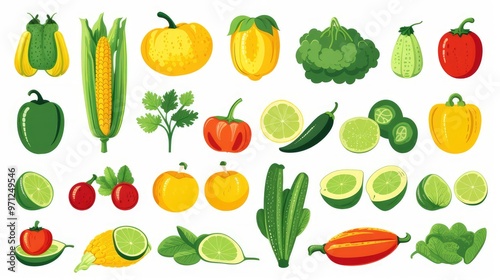 A vibrant collection of various fruits and vegetables, showcasing their shapes and colors for illustrative or educational purposes.