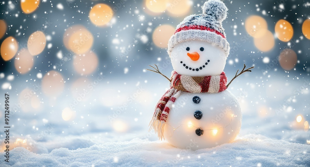 A cheerful snowman adorned with a scarf and hat, surrounded by falling snow and glowing lights, creating a festive winter atmosphere. A cheerful snowman adorned with a scarf and hat, surrounded by falling snow and glowing lights, creating a festive winter atmosphere.