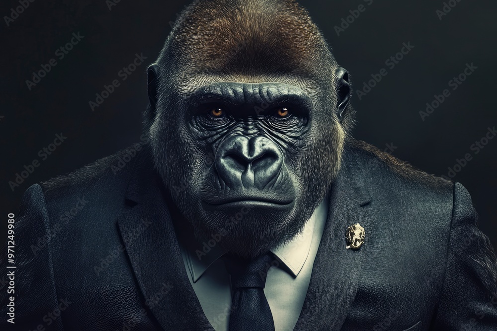 Gorilla like a human in suit. Portrait of a strong gorilla in a suit on a dark background with generative ai Gorilla like a human in suit. Portrait of a strong gorilla in a suit on a dark background with generative ai