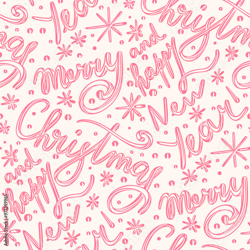 Seamless Christmas pattern with lettering. Vector illustration.