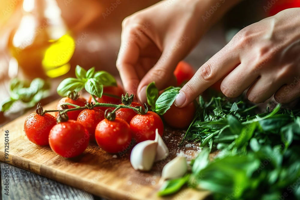 Fresh ingredients being prepared for a meal, showcasing vibrant tomatoes, herbs, and a touch of garlic on a wooden board. Fresh ingredients being prepared for a meal, showcasing vibrant tomatoes, herbs, and a touch of garlic on a wooden board.