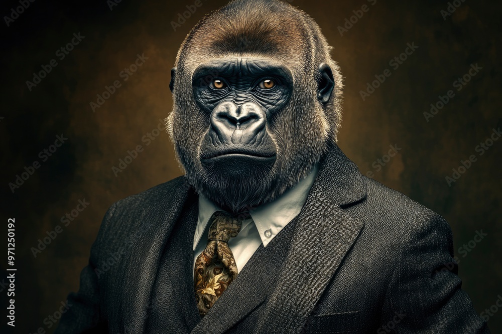 Gorilla like a human in suit. Portrait of a strong gorilla in a suit on a dark background with generative ai Gorilla like a human in suit. Portrait of a strong gorilla in a suit on a dark background with generative ai