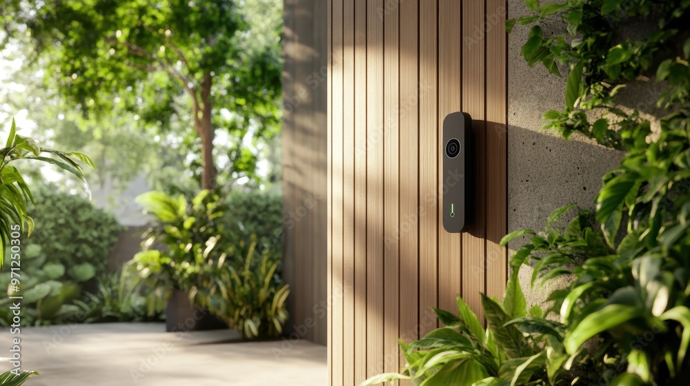 Fototapeta premium Modern Doorbell on Wooden Wall with Green Plants