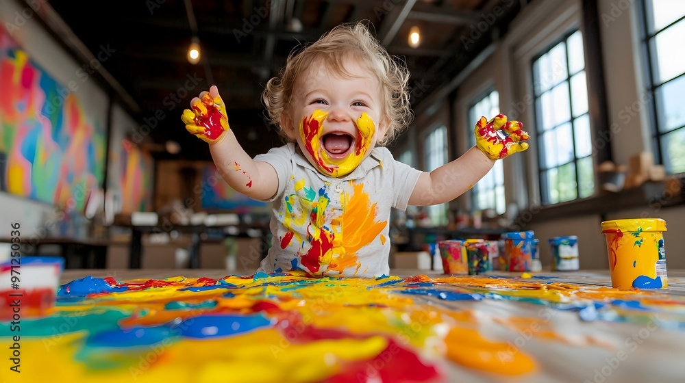 Chubby-Cheeked Toddler Joyfully Embracing Vibrant Abstract Art in Industrial Loft Chubby-Cheeked Toddler Joyfully Embracing Vibrant Abstract Art in Industrial Loft